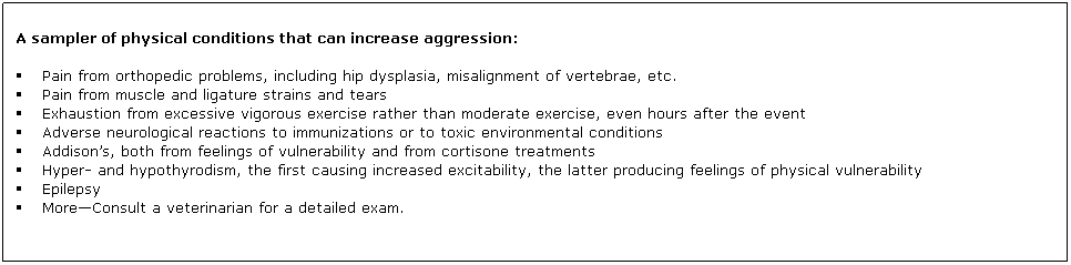 Text Box: A sampler of physical conditions that can increase aggression:
 
         Pain from orthopedic problems, including hip dysplasia, misalignment of vertebrae, etc.
         Pain from muscle and ligature strains and tears
         Exhaustion from excessive vigorous exercise rather than moderate exercise, even hours after the event
         Adverse neurological reactions to immunizations or to toxic environmental conditions
         Addisons, both from feelings of vulnerability and from cortisone treatments
         Hyper- and hypothyrodism, the first causing increased excitability, the latter producing feelings of physical vulnerability
         Epilepsy
         MoreConsult a veterinarian for a detailed exam.

